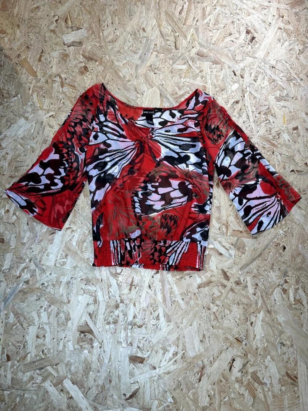 Wet Seal Butterfly Print Chiffon Blouse Womens Large Red Black Smocked Waist
